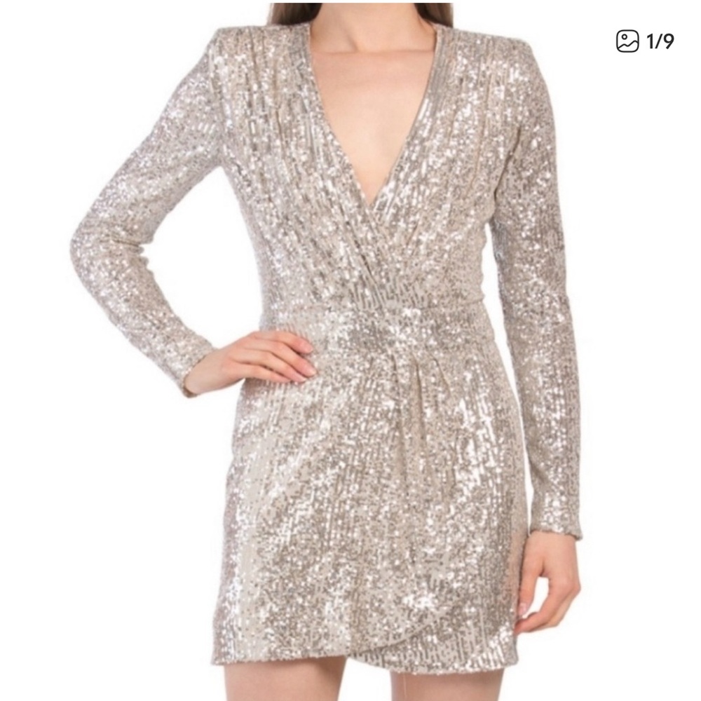 NWT $395 Ramy Brook Becky Long Sleeve Sequin Champagne Mini Dress Size 12